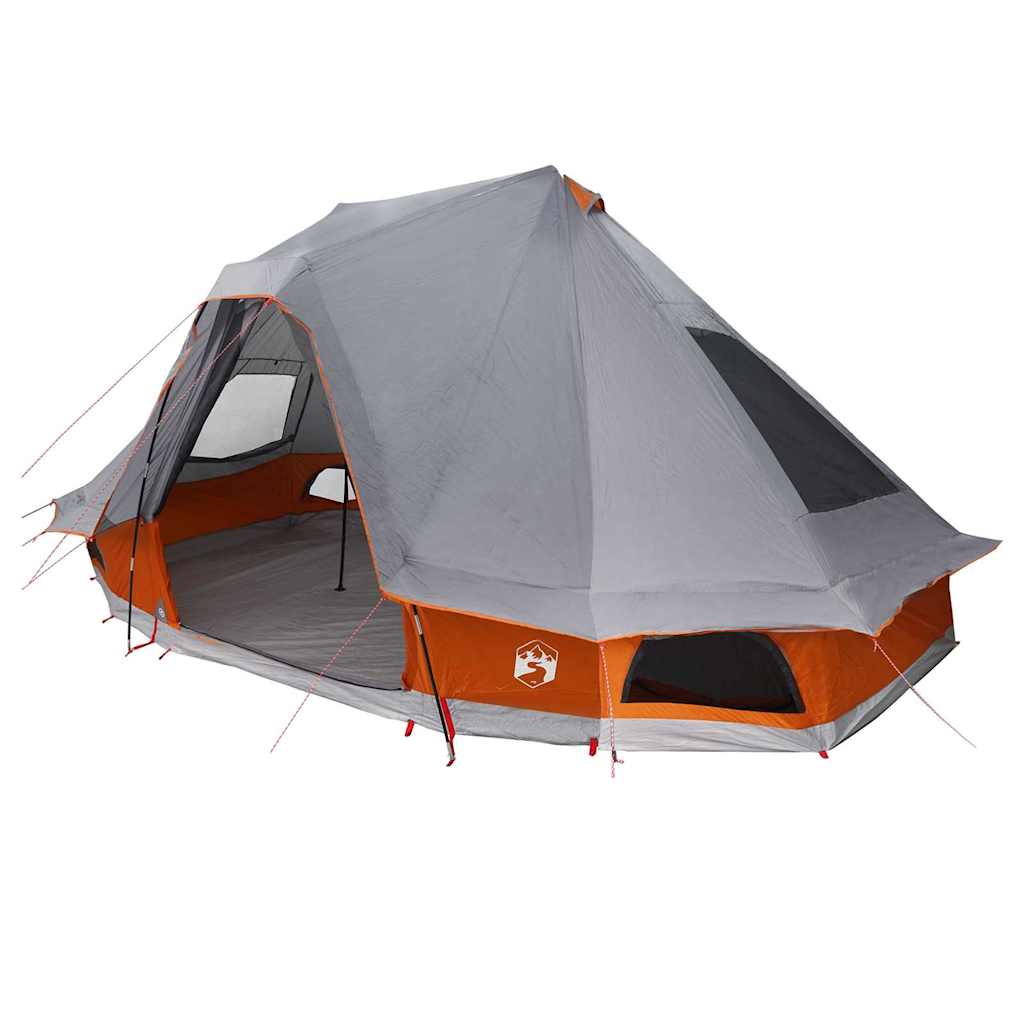 Zijaanzicht van de vidaXL Tipi Tent in grijs en oranje met open E-poort.