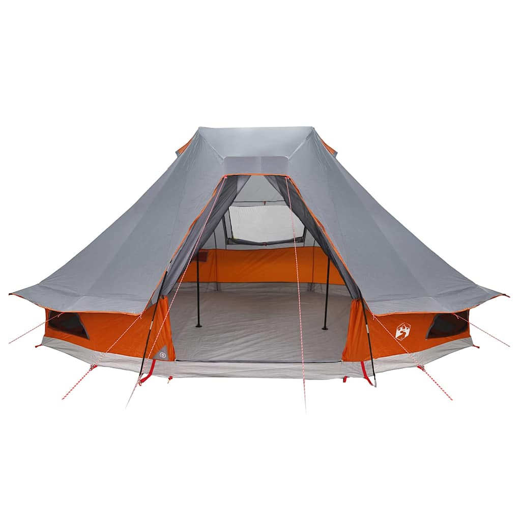 Zijaanzicht van de vidaXL Tipi Tent in grijs en oranje, met open ingangen.