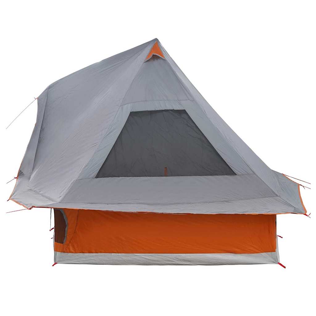 Zijaanzicht van de vidaXL Tipi Tent in grijs met oranje details en ventilatierooster.