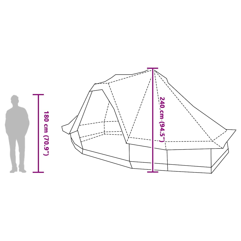 Zijaanzicht van de vidaXL Tipi Tent met afmetingen en een silhouet van een persoon.