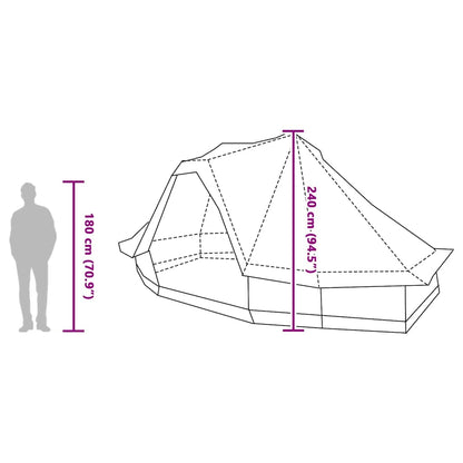 Zijaanzicht van de vidaXL Tipi Tent met afmetingen en een silhouet van een persoon.