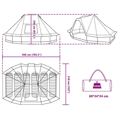 Detail van de afmetingen en indeling van de vidaXL Tipi Tent in grijs en oranje.