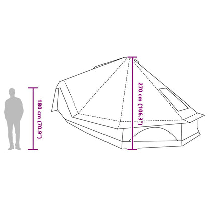 Detail van de vidaXL Tipi Tent met afmetingen en zijaanzicht van de tent.