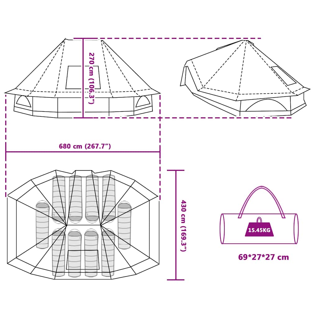Detailtekening van de vidaXL Tipi Tent met afmetingen en opslagmogelijkheden.