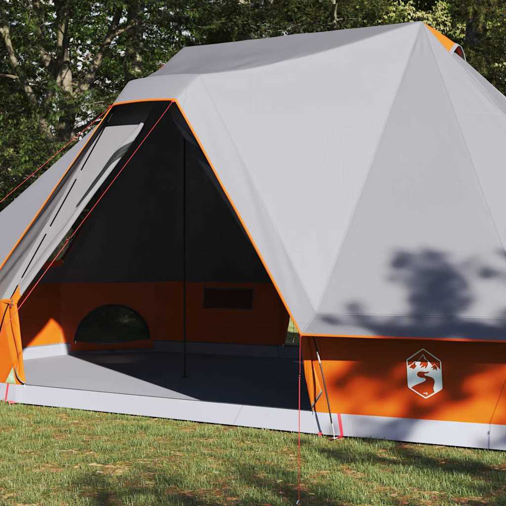 Detail van de vidaXL Tipi Tent met grijze en oranje accenten, zijaanzicht van de ingang.