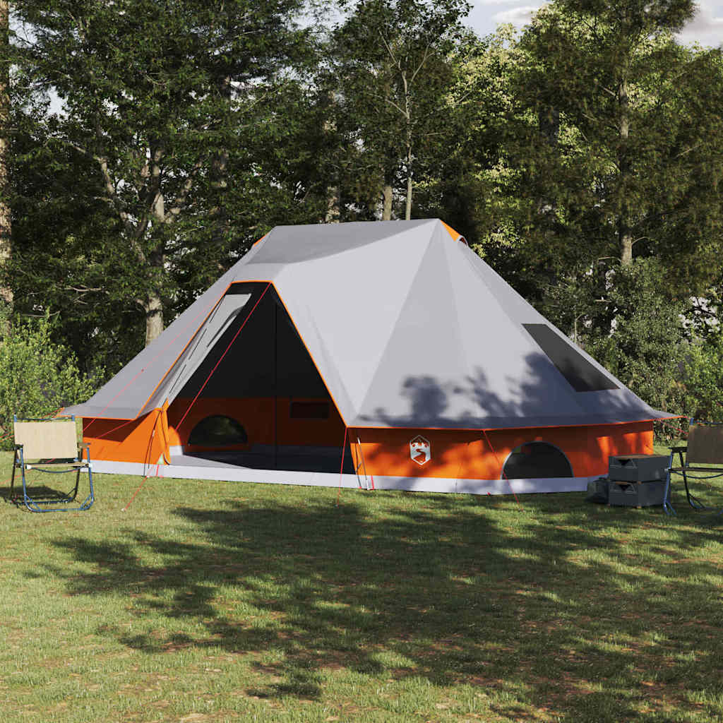 Grijs-oranje vidaXL Tipi Tent met ruime opzet voor maximaal 10 personen in de natuur.