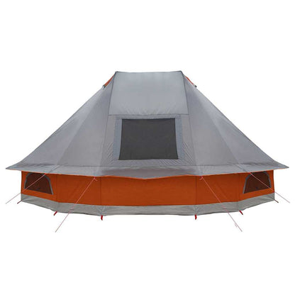 Detail van de vidaXL Tipi Tent in grijs en oranje, met grote ventilatieroosters.