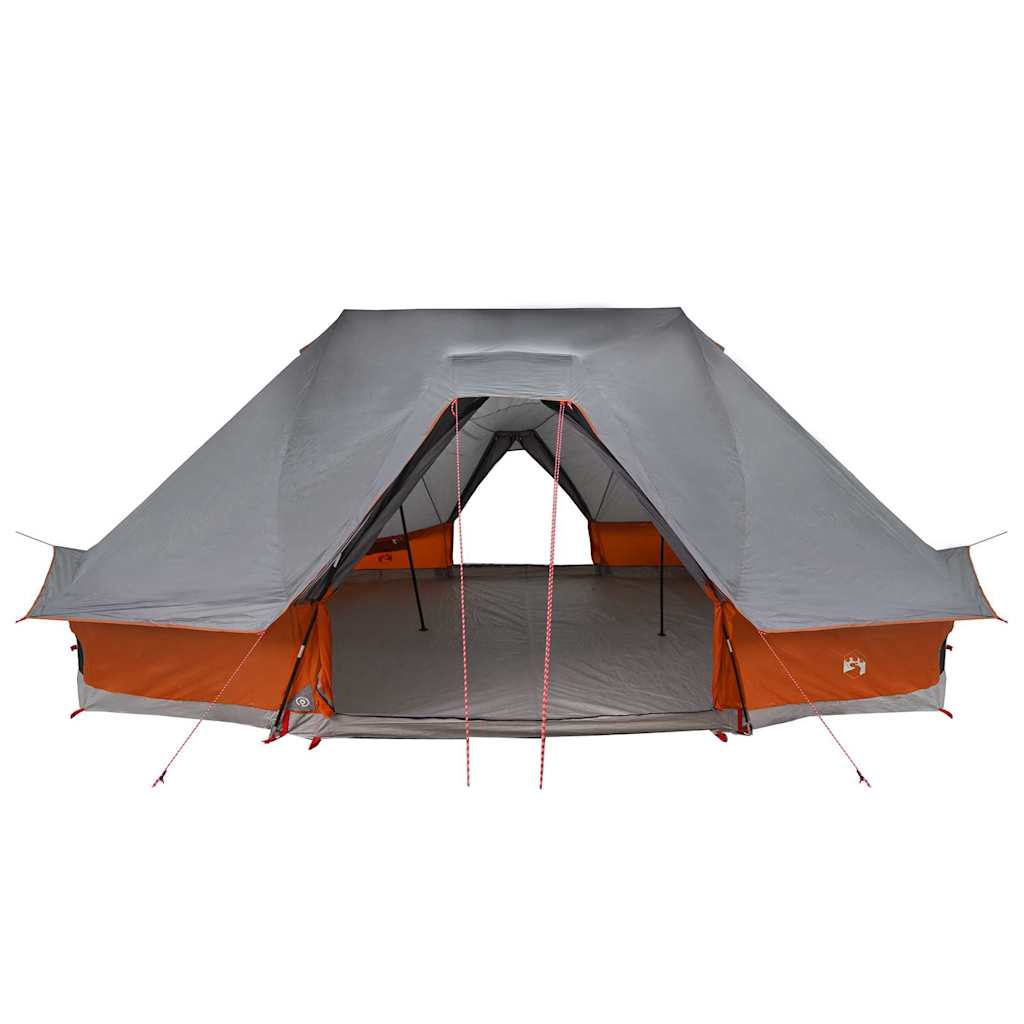Detail van de grijs-oranje vidaXL Tipi Tent met open ingangen en ruime binnenruimte.