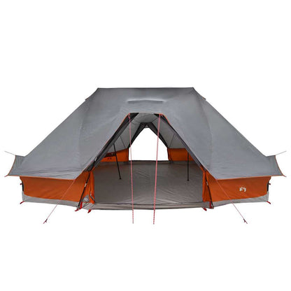 Detail van de grijs-oranje vidaXL Tipi Tent met open ingangen en ruime binnenruimte.