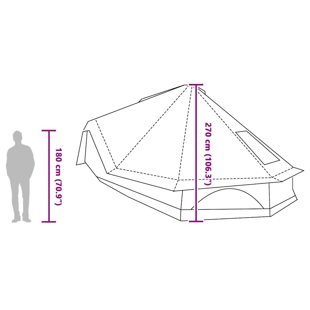 Detail van de vidaXL Tipi Tent met afmetingen en zijaanzicht.