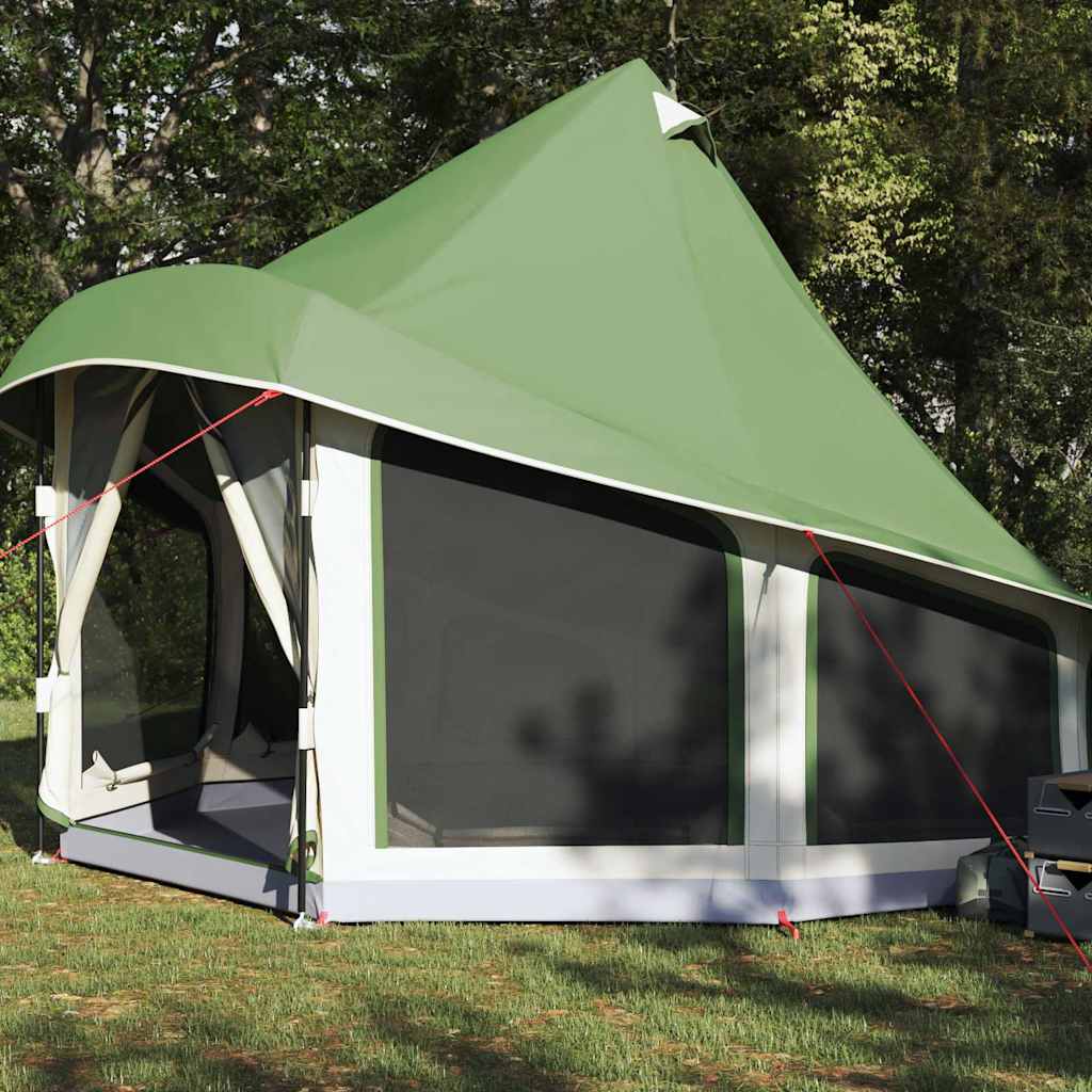 Zijaanzicht van de groene vidaXL Tipi Tent met dak en ruime openingen.