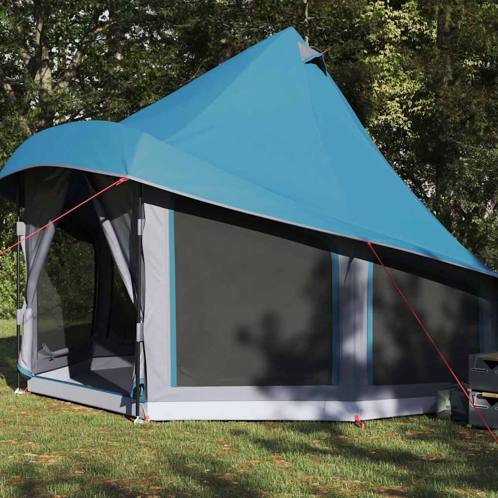 Zijaanzicht van de vidaXL Tipi Tent in blauw, met een hoge punt en ventilatieroosters.