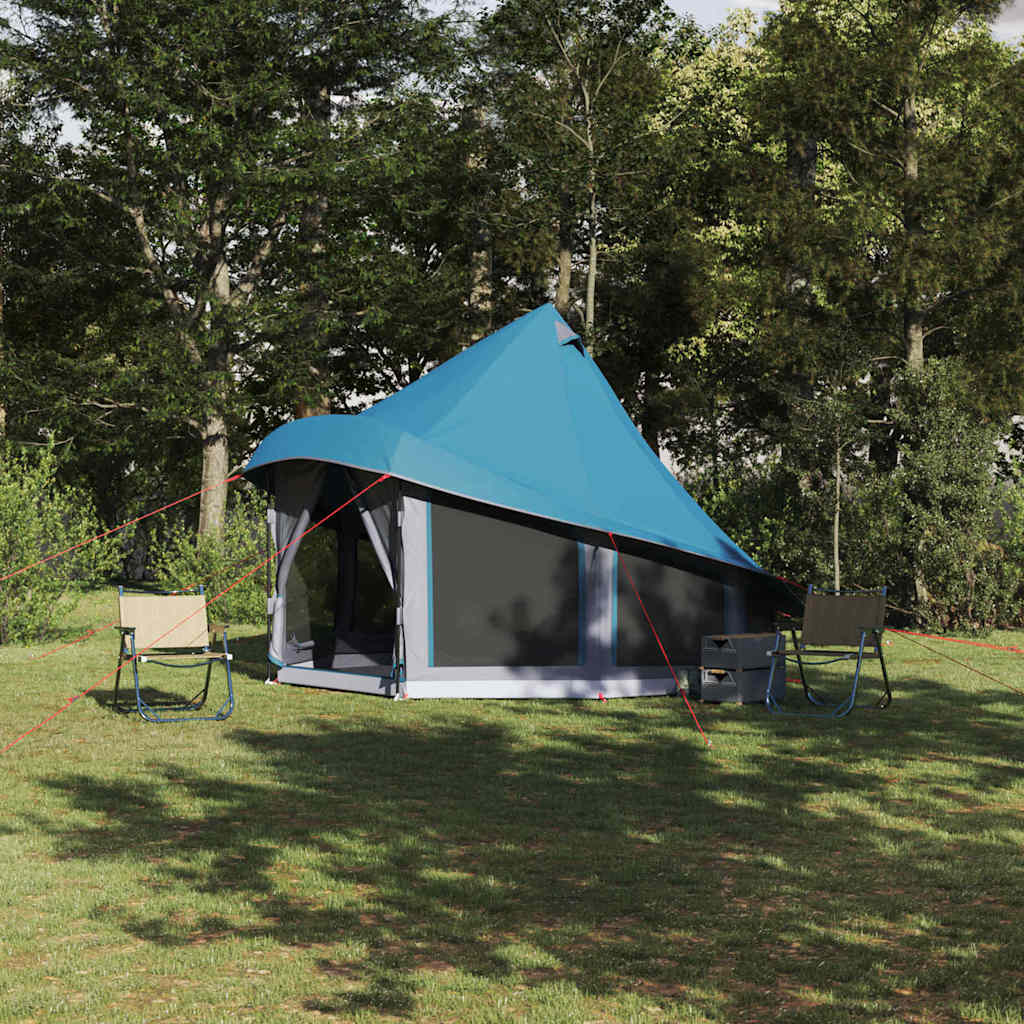 Blauwe vidaXL Tipi Tent met een ruim interieur, opstelling in een groene omgeving.