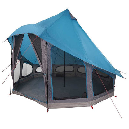 Detail van de vidaXL Tipi Tent in blauw met grote gaasramen en stevige constructie.