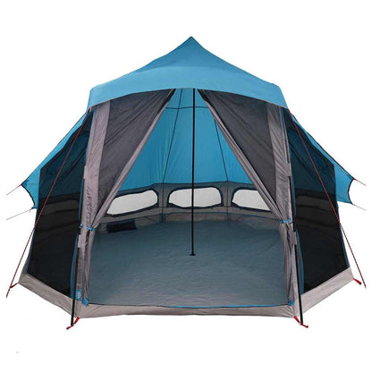 Zijaanzicht van de vidaXL Tipi Tent in blauw met open ingang en gaasramen.