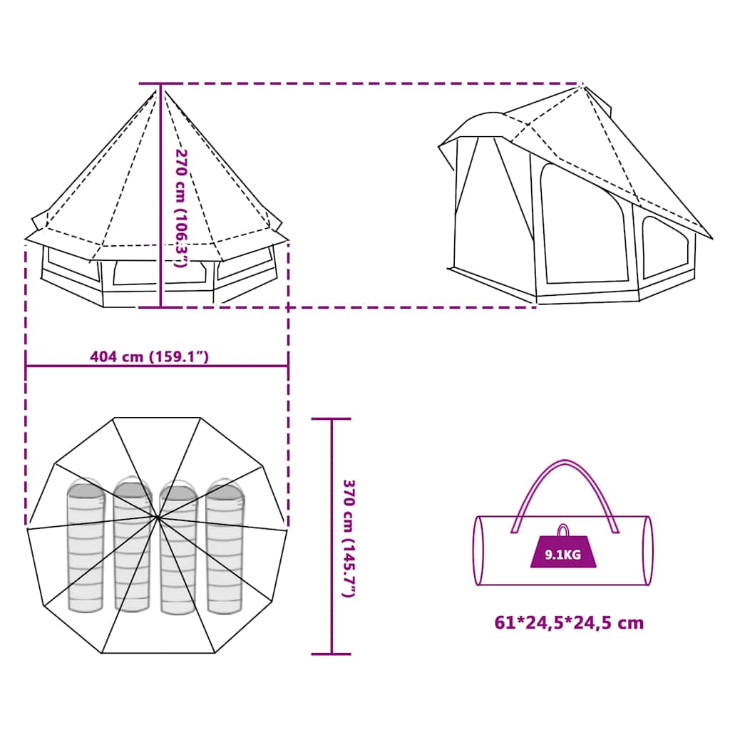 Detailweergave van de afmetingen en opbergtas van de vidaXL Tipi Tent in blauw.