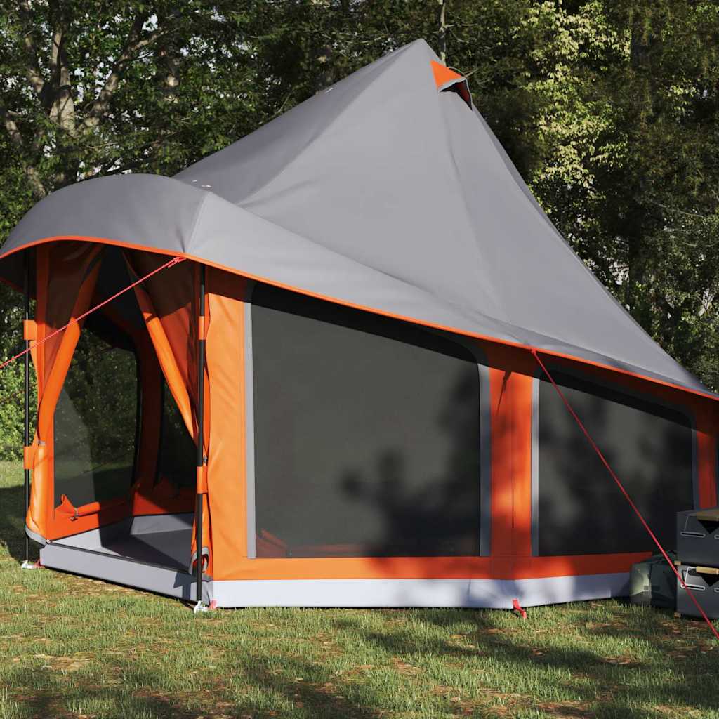 Detail van de vidaXL Tipi Tent in grijs en oranje met open ingang en zijvensters.