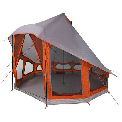 Zijaanzicht van de vidaXL Tipi Tent in grijs en oranje, met grote ramen en openingen.