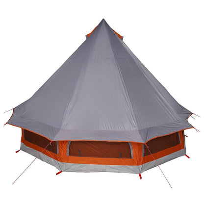 Zijaanzicht van de vidaXL Tipi Tent in grijs en oranje, met hoge punt en ruime ramen.