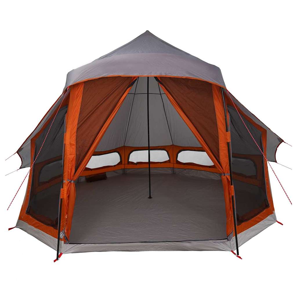 Zijaanzicht van de vidaXL Tipi Tent in grijs en oranje met openingen voor ventilatie.