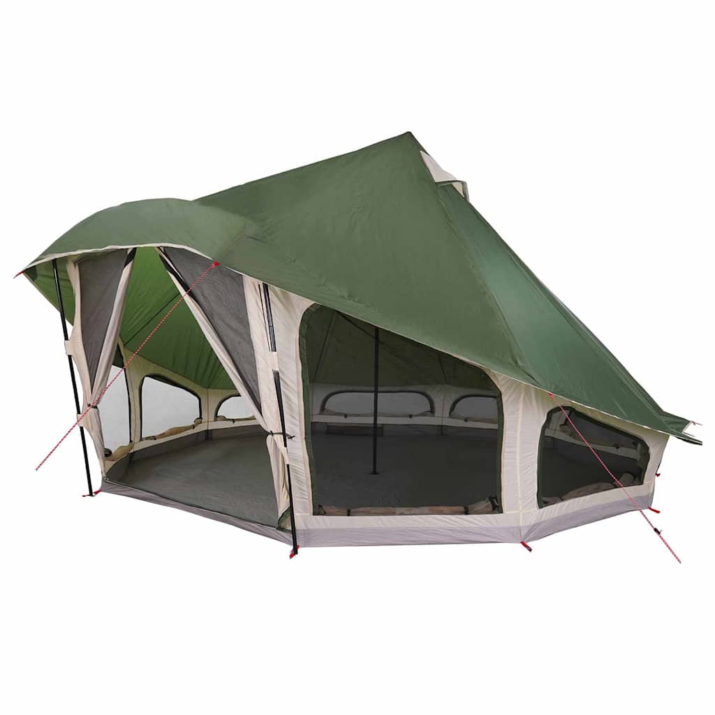 Zijaanzicht van de vidaXL Tipi Tent met dakopslag in groen, met openingen voor ventilatie.
