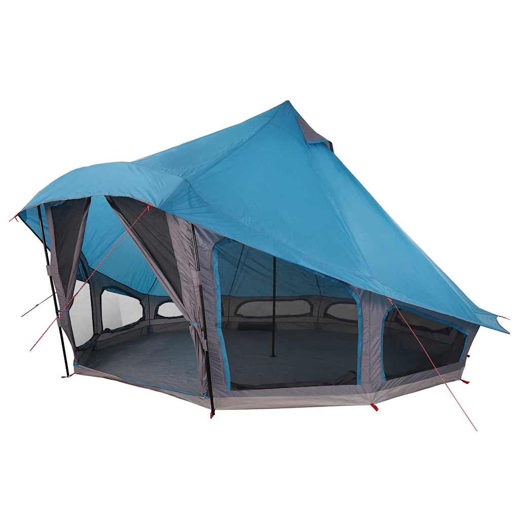 Zijaanzicht van de blauwe vidaXL Tipi Tent met ruime openingen voor ventilatie.