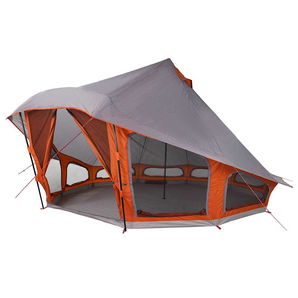 Detail van de vidaXL Tipi Tent in grijs en oranje, met openingen en ramen voor ventilatie.