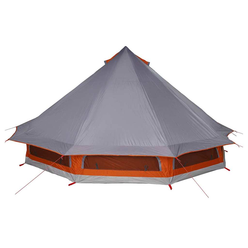Zijaanzicht van de vidaXL Tipi Tent in grijs en oranje met meerdere ramen.