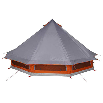 Zijaanzicht van de vidaXL Tipi Tent in grijs en oranje met meerdere ramen.