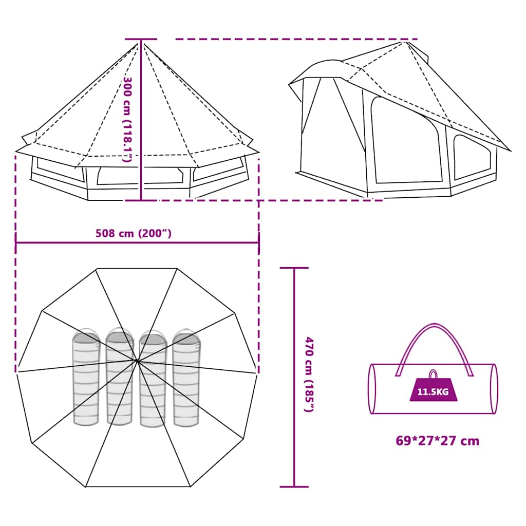 Detailtekening van de vidaXL Tipi Tent met afmetingen en opbergtas.