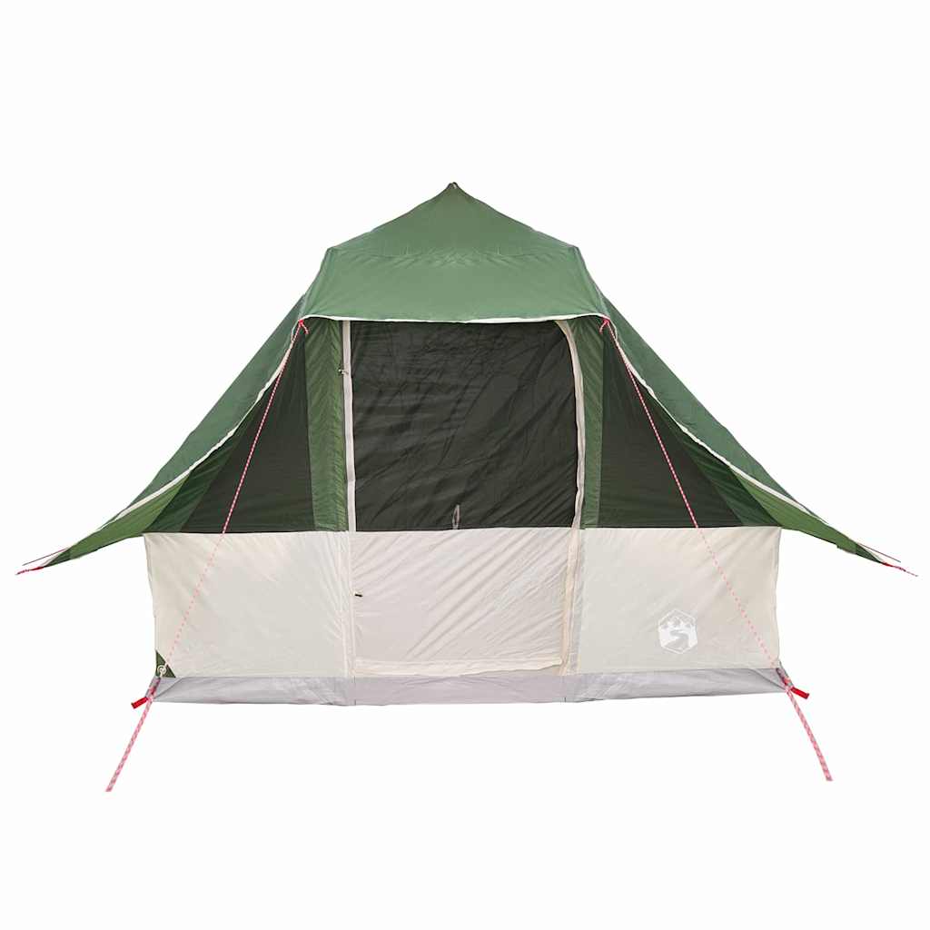 Vooraanzicht van de vidaXL Tipi Tent in groen met open ingang en stevige stalen palen.