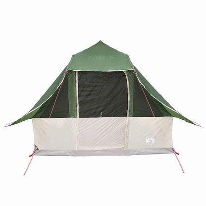 Vooraanzicht van de vidaXL Tipi Tent in groen met open ingang en stevige stalen palen.