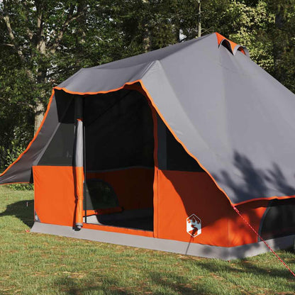 Zijaanzicht van de vidaXL Tipi Tent in grijs en oranje met open deur.