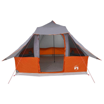Zijaanzicht van de vidaXL Tipi Tent in grijs en oranje met open ingang.
