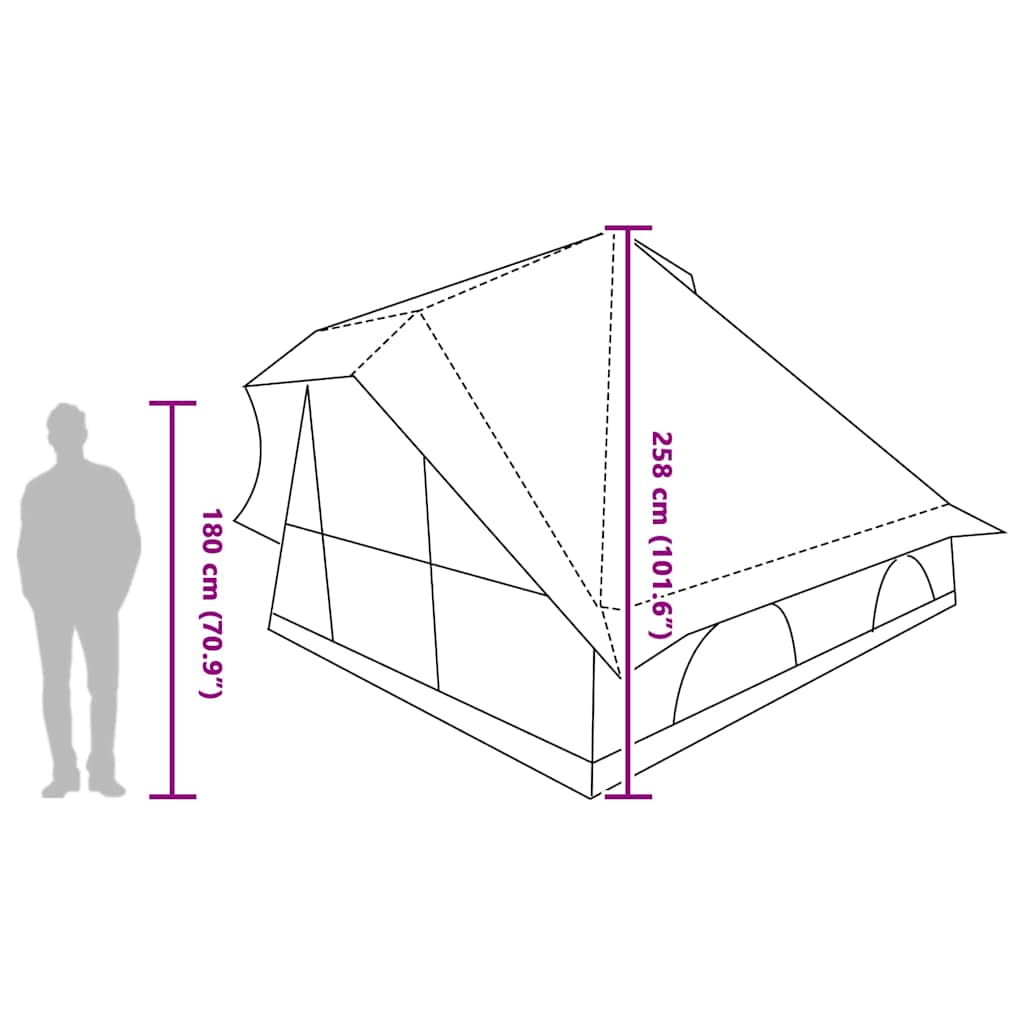 Zijaanzicht van de vidaXL Tipi Tent met afmetingen en ontwerpdetails.