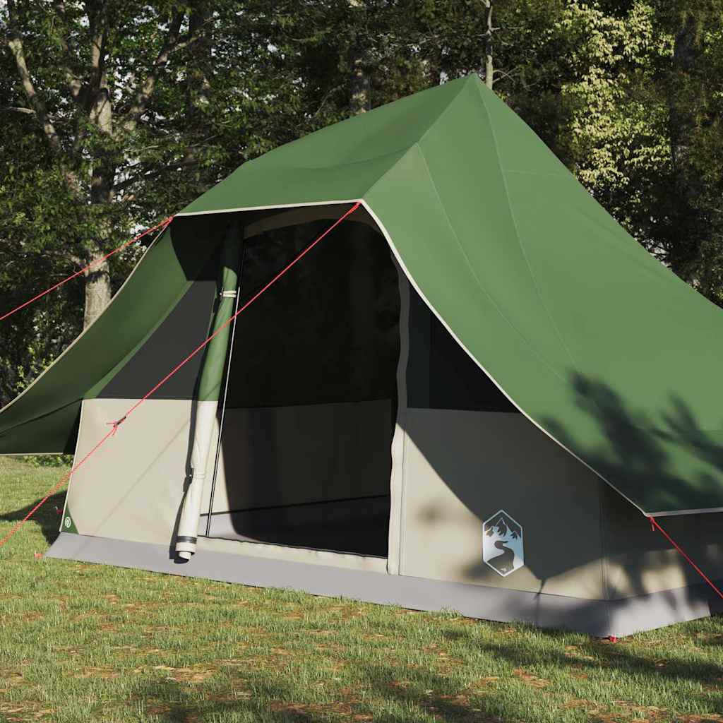 Zijaanzicht van de vidaXL Tipi Tent in groen met winddichte stof en scheerlijnen.