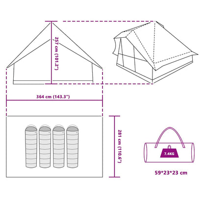 Detailtekening van de vidaXL Tipi Tent met afmetingen en opberginformatie.