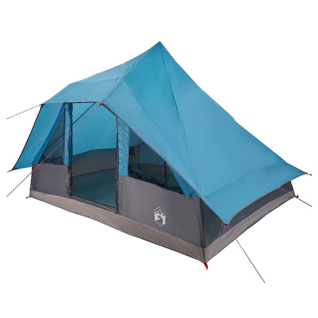 Zijaanzicht van de vidaXL Tipi Tent in blauw, met open ingangen en winddichte constructie.