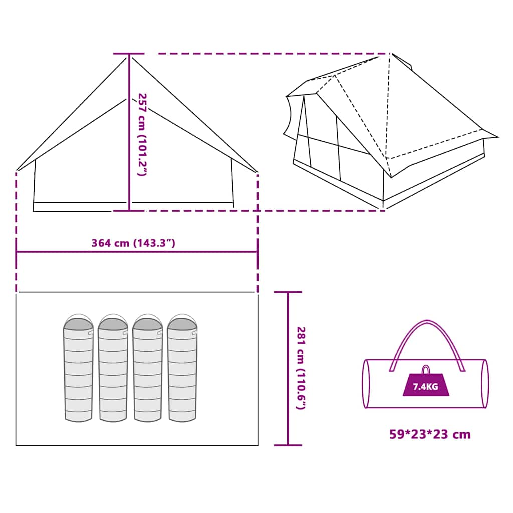 Technische tekening van de vidaXL Tipi Tent met afmetingen en opbergtas.