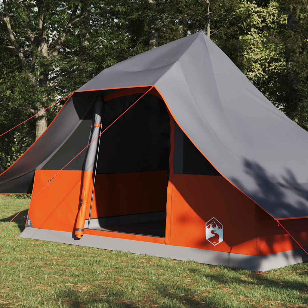 Detail van de vidaXL Tipi Tent in grijs en oranje, zijaanzicht met ingang en ventilatie.