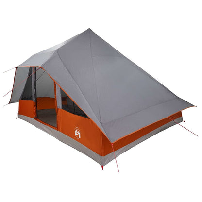 Zijaanzicht van de vidaXL Tipi Tent in grijs en oranje, met open ingangen en scheerlijnen.