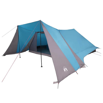 Zijaanzicht van de vidaXL Tipi Tent in blauw met grijze details en open ingangen.