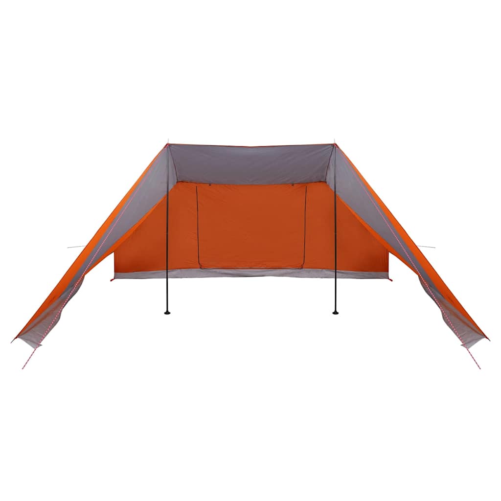 Zijaanzicht van de vidaXL Tipi Tent in grijs en oranje met open E-poort.