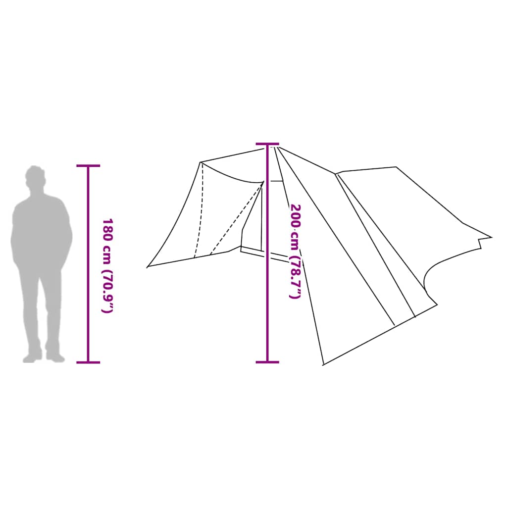 Detailweergave van de vidaXL Tipi Tent met afmetingen en zijaanzicht.
