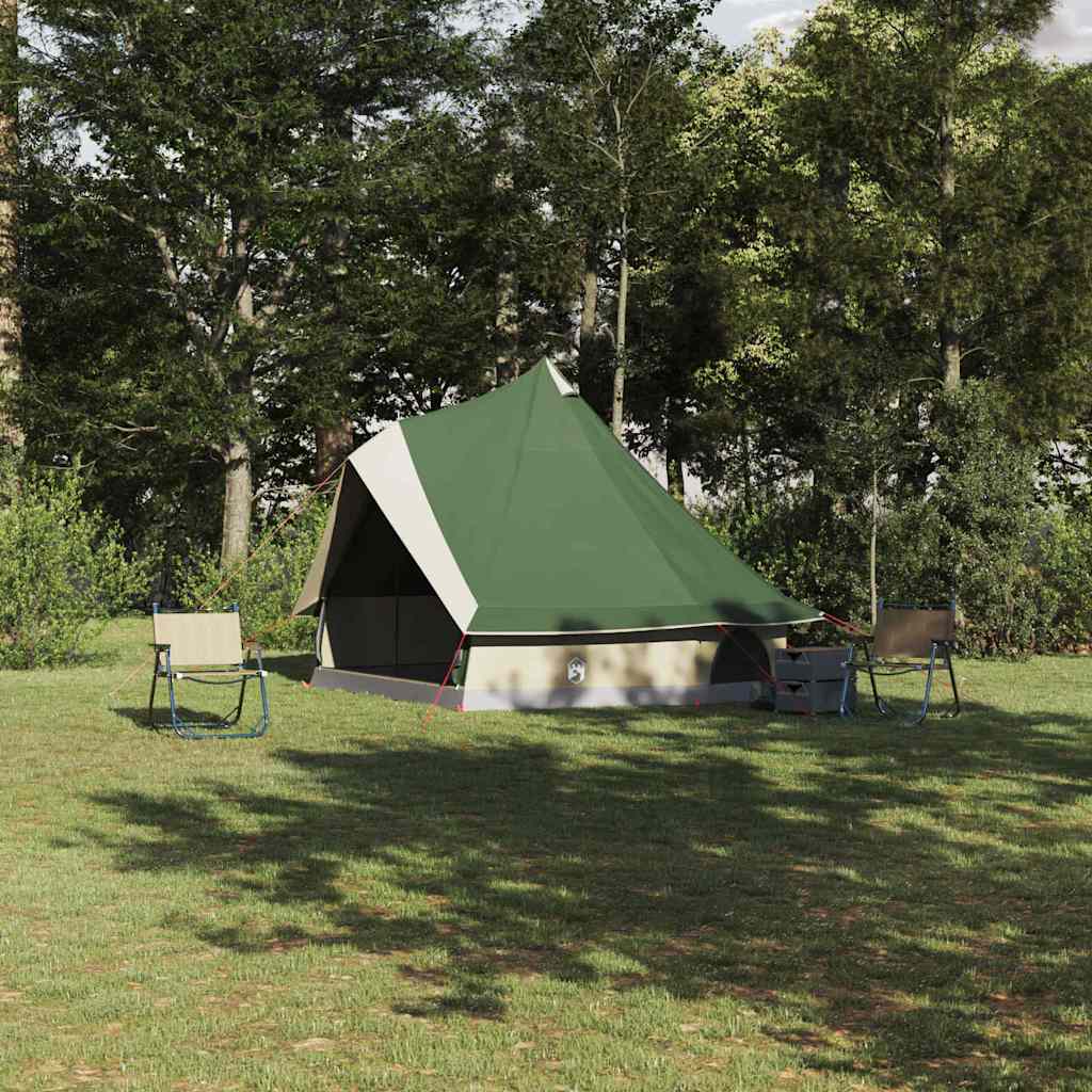 Groene vidaXL Tipi Tent met opslag, geplaatst in een groene omgeving met campingstoelen.