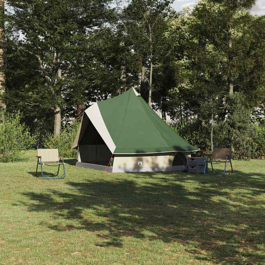 Groene vidaXL Tipi Tent met opslag, geplaatst in een groene omgeving met campingstoelen.
