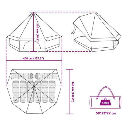 Detailtekening van de vidaXL Tipi Tent met afmetingen en opslagopties.