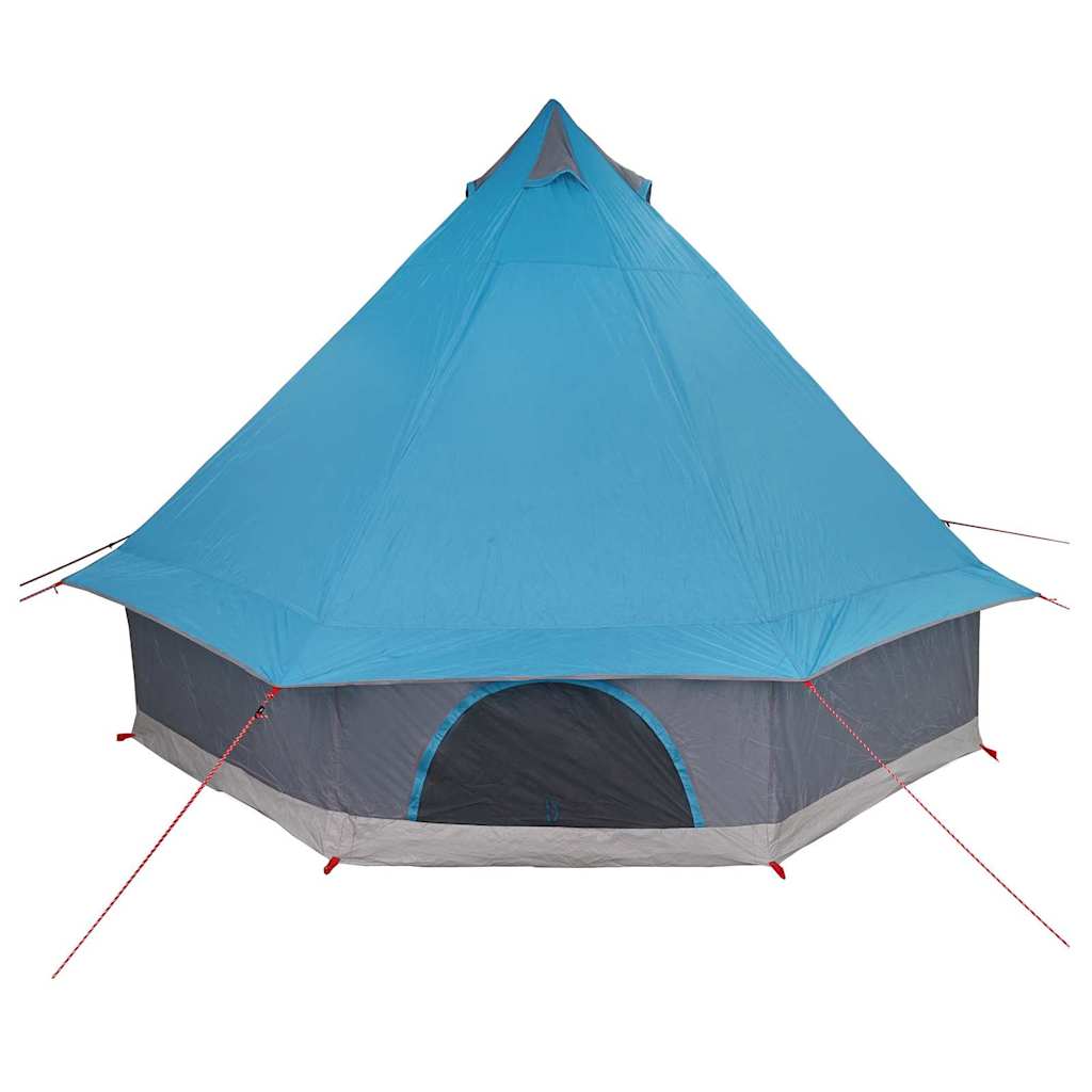Zijaanzicht van de vidaXL Tipi Tent in blauw met grijze onderrand en ingang.