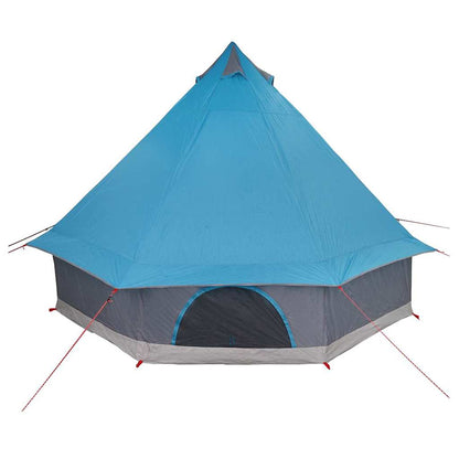 Zijaanzicht van de vidaXL Tipi Tent in blauw met grijze onderrand en ingang.