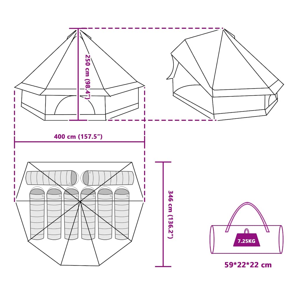 Detailtekening van de vidaXL Tipi Tent met afmetingen en draagtas.